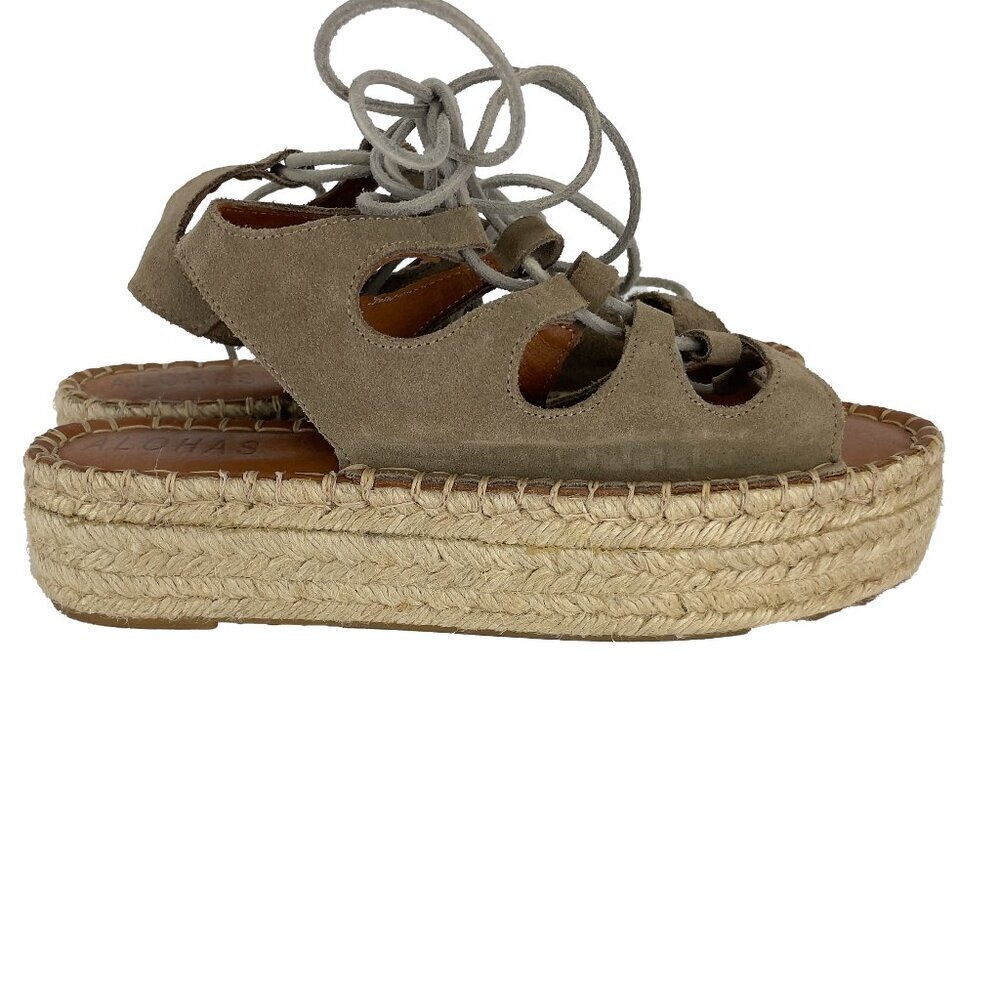 ALOHAS Boho Gladiator Suede Kaki Green Ankle Lace Rafia Flatform Sandals sz‎ 35